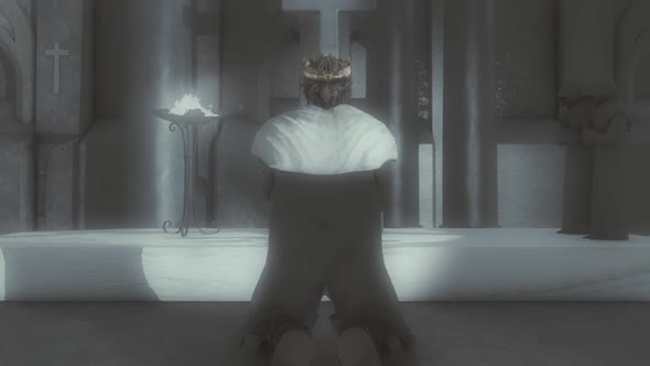 Medieval King Kneeling And Pray In Front Of A Cross alt
