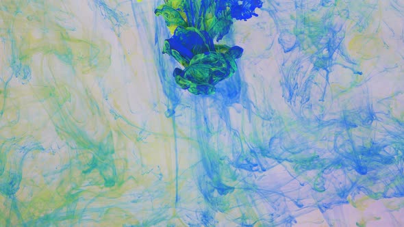 Liquid Abstractions the Dissolution of Blue Yellow and Green Paint in Water alt
