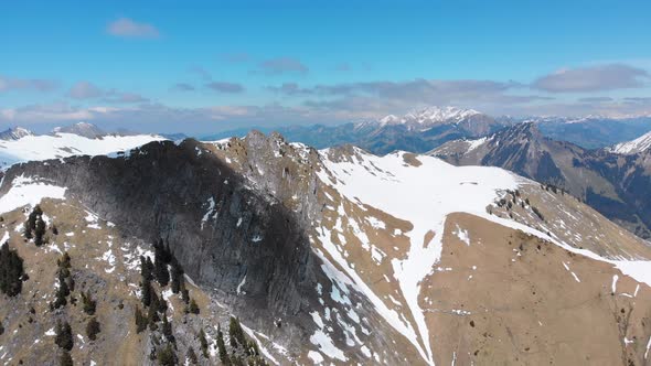 Aerial Drone View on Snowy Peaks of Swiss Alps. Switzerland. Rochers-de-Naye Mountain Peak alt