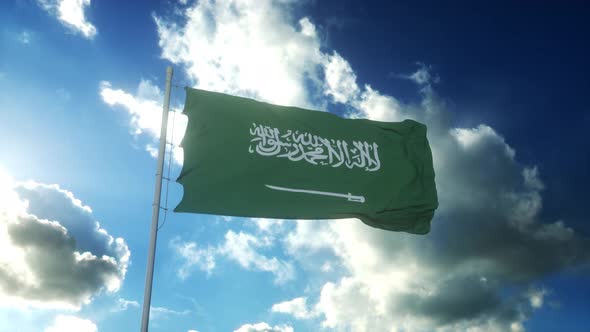 Flag of Saudi Arabia Waving at Wind Against Beautiful Blue Sky alt