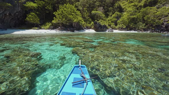 Island Hopping Tour Boat Approaching Exotic Remote Beach on Travel Trip Exploring Bacuit Archipelago alt