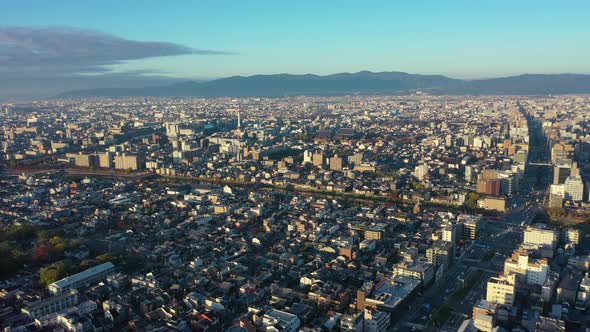 Aerial view 4k video by drone of Kyoto buildings with skyline view in Kyoto city alt