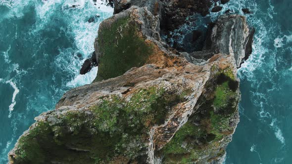 Aerial Top View Camera Flies Over Sharp Cliff of Atlantic Ocean in Cabo Da Roca alt