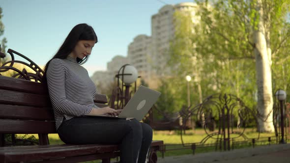 Young Busy Woman Working with Laptop in City Park Freelance Distance Working