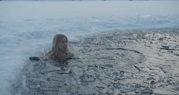 Winter Ice Hole Swimming Woman in Ice Cold Water in Frozen Lake, Stock ...