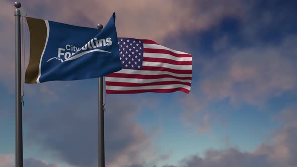 Fort Collins City Flag Waving Along With The National Flag Of The USA - 4K alt