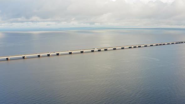 Drone View of a Modern Lowwater Bridge Across the Sea in Vladivostok alt