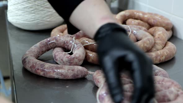 Process of Sausage Production at Meat Processing Plant
