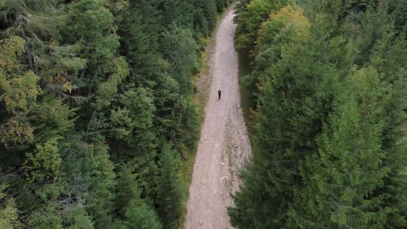 Aerial Epic Shot of a Man Hiking on a Mountain Road