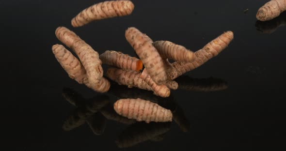 Turmeric, curcuma longa, Roots falling against Black Background, Indian Spice, Slow Motion 4K alt