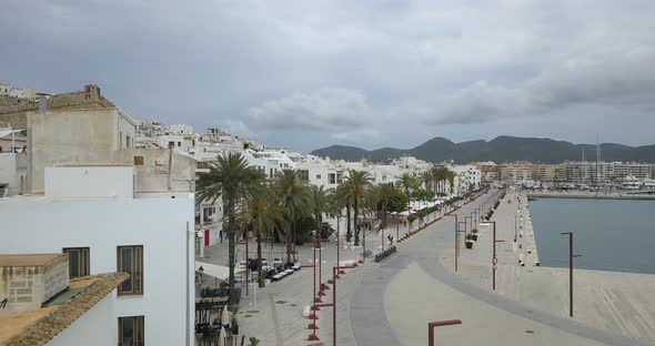 Aerail Footage of Ibiza, Spain Down Town Promenade Without People