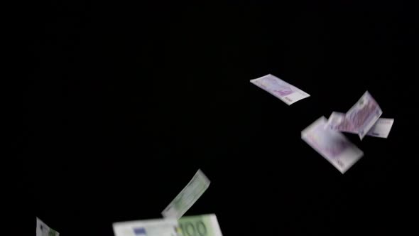 Euro Money Banknotes Flying Over Black Background