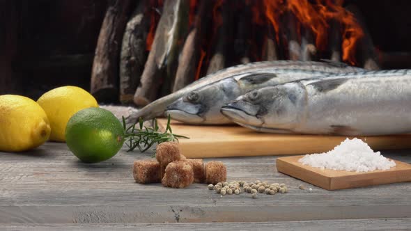 Panorama of the Ingredients for Preparing Mackerel Fish on the Grill alt
