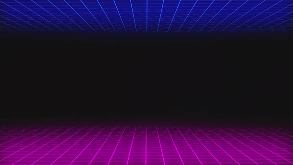 Infinite blue and pink neon grid rotation with copy space
