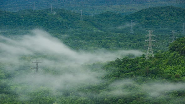 Aerial view high voltage power transmission towers.