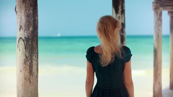 Woman Walking On Beach On Sea Amazing View.Stress Free Girl In Summertime Season Sundress Leisure. alt