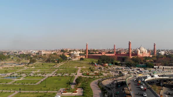 Drone View of BADSHAHI MASJID - Mughal era Mosque in PUNJAB(LAHORE), PAKISTAN