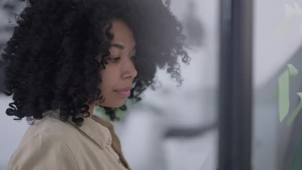 Side View Closeup of Serious Gorgeous African American Woman Analyzing Documents Standing at Glass alt