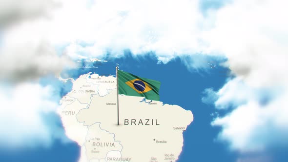 Brazil Map And Flag With Clouds