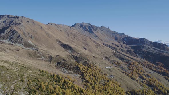 Aerial shot of larch forest and mountainous landscape with autumn colorsVal d'Hérens Valley, Valais alt
