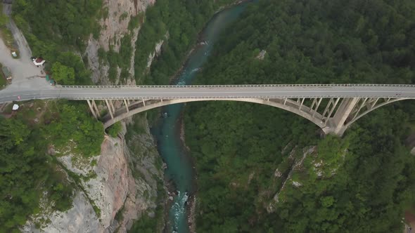 Djurdjevic Bridge Over the Tara River in Northern Montenegro. Aerial Footage