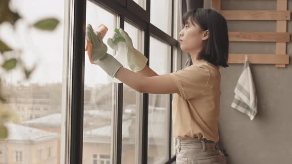 Asian Woman Cleaning Windows at Home alt