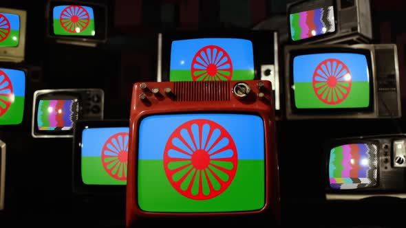 Flag of the Romani People on Retro TVs.