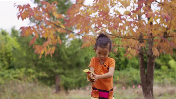 Young girl in Fall throwing leaves