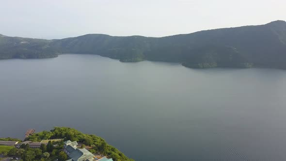 Aerial view of over lake ashi with ship panoroma alt