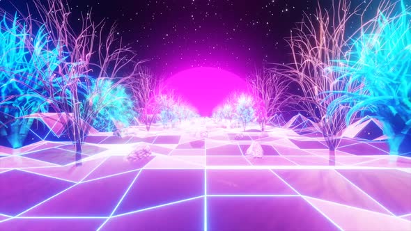 Sci-fi space abstract alien planet with neon lights and trees and rocks.
