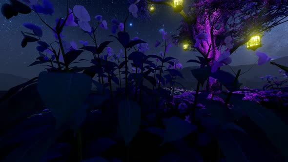 Illuminated Tree and Flower Garden Milky Way View