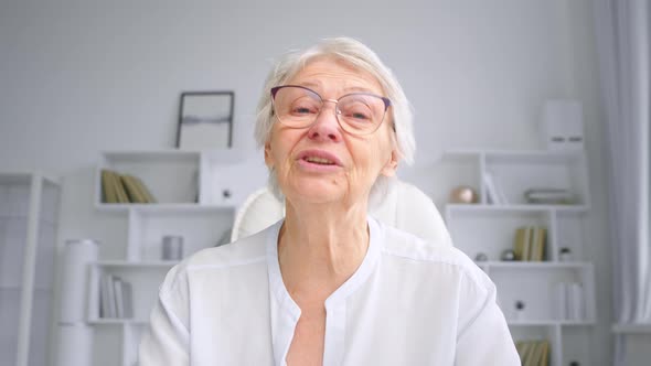 Senior skilled businesswoman with short grey hair greets colleagues waving hand alt