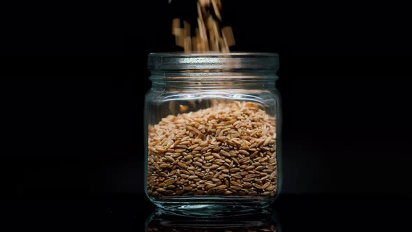 Closeup of Falling Down Barley Into Glass Jar on Black Background alt
