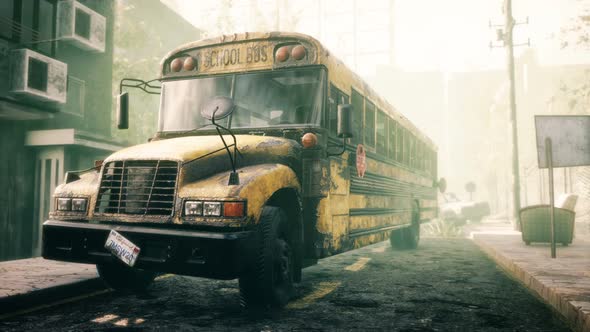 Rusting School Bus In A Foggy Mystical City