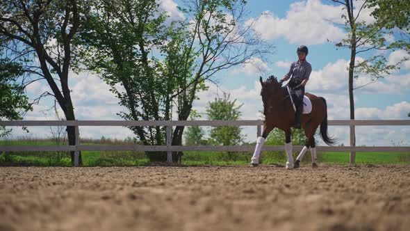 Jockey Riding On The Back Of Her Brown Horse Preparing For The Competition alt