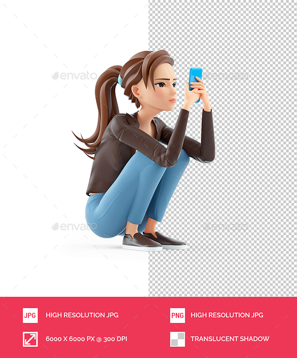 [DOWNLOAD]3D Cartoon Woman Crouching and Looking Smartphone