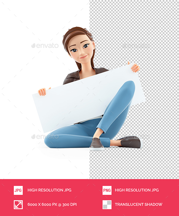 [DOWNLOAD]3D Cartoon Woman Sitting on the Floor and Holding Placard