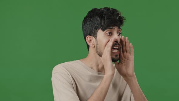 Arab Young Adult Man Guy Talking Whisper Share Secret Privacy News Speak Loud Shout Confidential alt