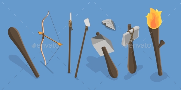 [DOWNLOAD]3D Isometric Flat Vector Set of Stone Age Tools