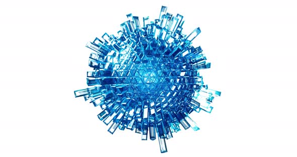 Crystal blue and purple sphere with random extrude on white background.