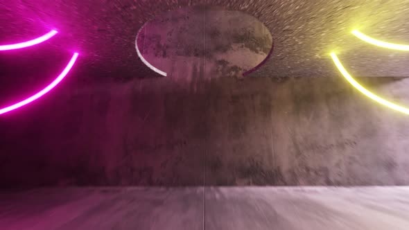 Endless Flight in a Gray Concrete Tunnel with Bright Luminous Neon Stripes alt