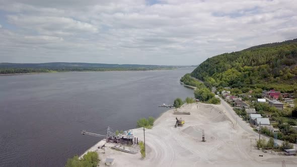 Aerial Panorama of Surroundings of Limestone Quarry in Summer Day, River