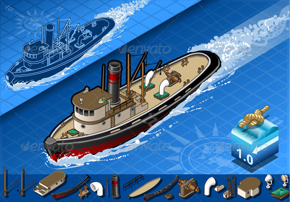Isometric Old Tugboat in Navigation - Objects Vectors