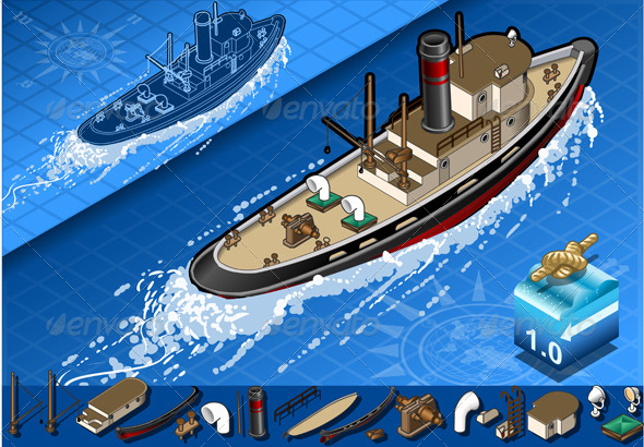 Isometric Old Tugboat in Navigation - Objects Vectors
