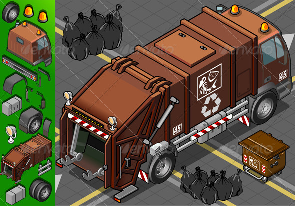 Isometric Humid Waste Garbage Truck - Objects Vectors