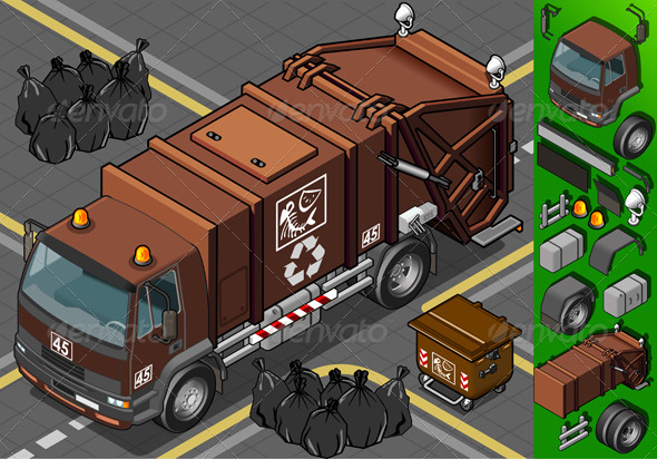 Isometric Humid Waste Garbage Truck - Objects Vectors