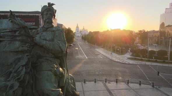Kyiv, Ukraine: Monument To Bogdan Khmelnitsky in the Morning at Dawn. Aerial View. alt