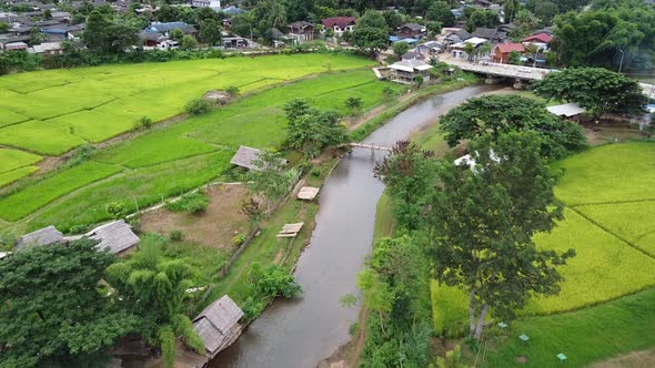 The river with beautiful mountains and nature view in countryside by drone