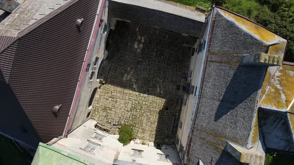 Aerial Shot Village Olesk Castle. Ukraine alt