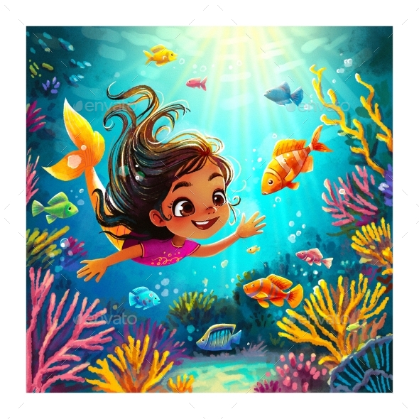 [DOWNLOAD]Illustration of a Happy Mermaid Girl Underwater